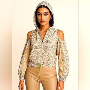 Hologram Pastel Animal Print Cold Shoulder Cropped Hoodie Top White Pink Blue M